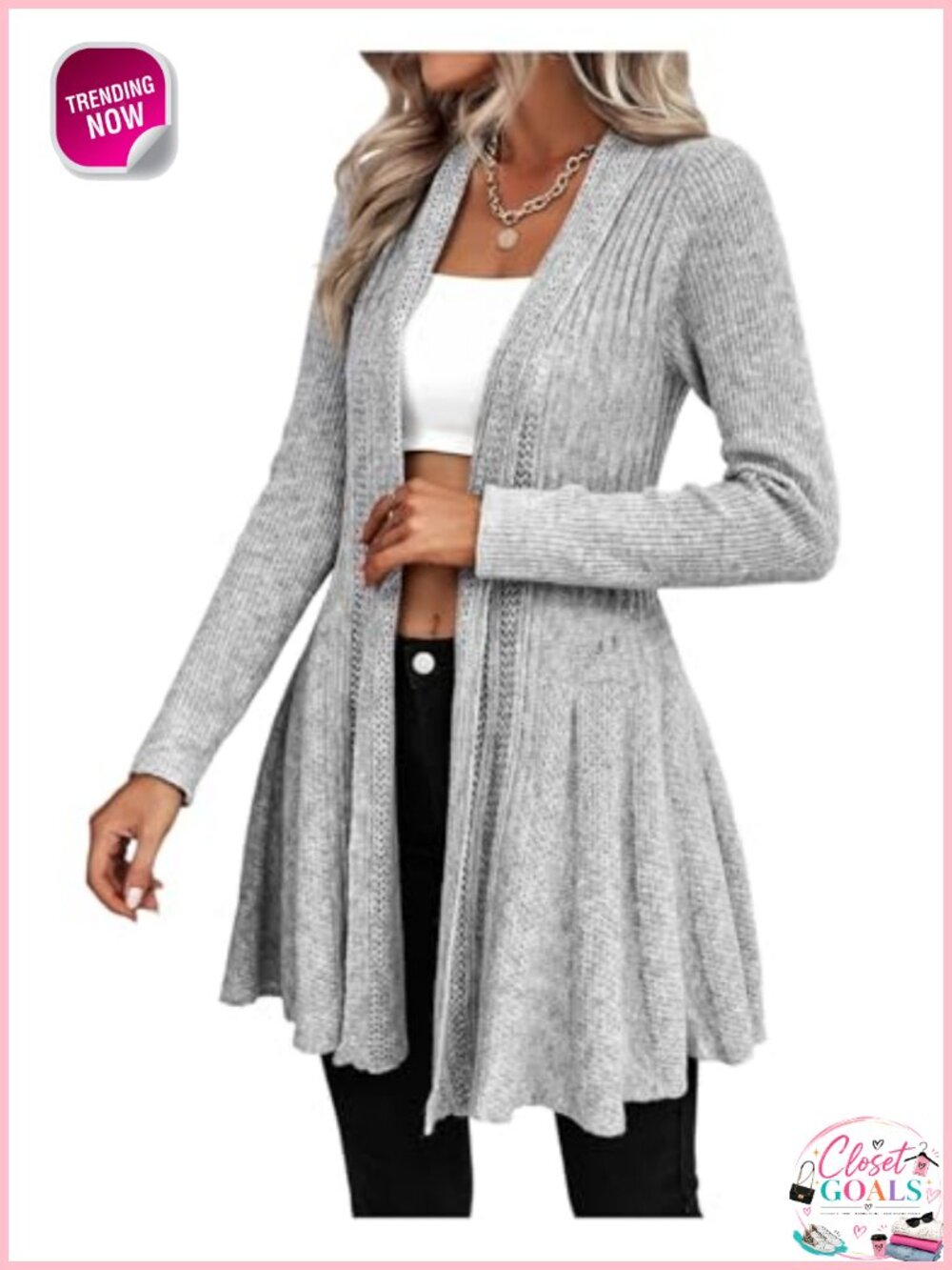 Chunky Knit Open Front Ruffle Hem Long Cardigan Lightweight Sweater
